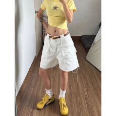 批发白色短裤女夏薄款潮酷美式工装高腰休闲显瘦别致小众a字阔腿裤子
