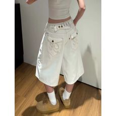 批发美式<b class='q'>复古</b>巴黎扣原牛牛仔七分裤夏季男女宽松休闲设计感阔腿短裤