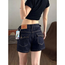 批发铆钉丹宁牛仔短裤女夏季新款设计美式可调节腰辣妹薄款直筒热裤子
