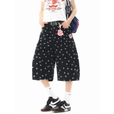 批发美式复古波点满印牛仔七分裤<b class='q'>男</b>女夏季重磅设计感<b class='q'>短裤</b>宽松大码中裤