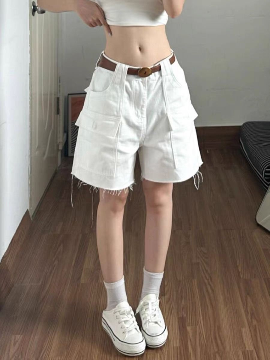 아메리칸 높음 거리 빅 포켓 거친 가장자리 워크웨어 5 점 반바지 여성 핫걸 루즈핏 느긋한 화이트 데님 넓은 다리 바지