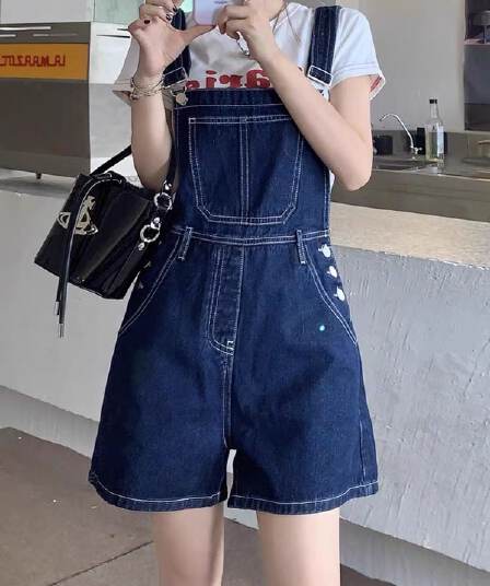 데님 멜빵 반바지 여성 여름 얇은 스타일 한국 스타일 루즈핏 귀여운 학생 연령 감소 작은 키 슬림해 보이는 스트레이트 올인원 바지