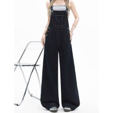 批发设计感复古深蓝阔腿<b class='q'>牛仔</b>背带裤女夏宽松减龄直筒<b class='q'>连体裤</b>