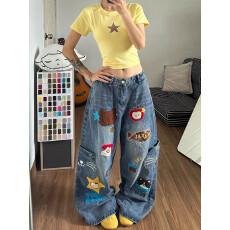 批发童趣小猫刺绣口袋牛仔裤女卡通风减龄美式宽松阔腿街头休闲长裤子