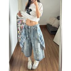 批发美式复古格纹屁帘七分<b class='q'>牛仔</b>裤女夏季八分中裤高腰阔腿直筒梧桐<b class='q'>短裤</b>