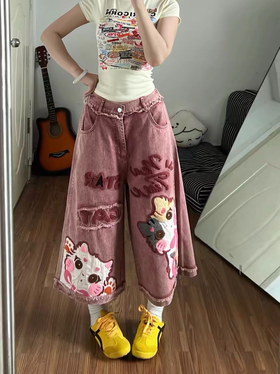 자이언트 잘 생긴 ~ 중 7부 바지 여성 여름 아메리칸 레트로 만화 자수 데님 트렌드 루즈핏 넓은 다리 캐주얼 반바지