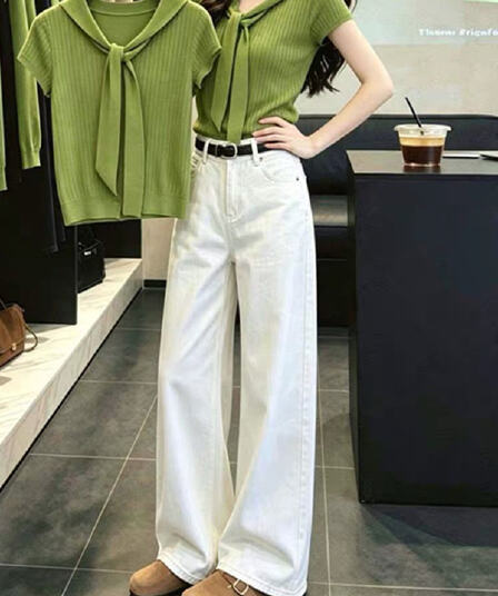 여름 전체 집합 ootd 착용 가져 가라. 품격 출퇴근 몸매 가꾸기 슬림해 보이는 녹색 페이크 레이어드 반팔 니트 스웨터 세트 바지