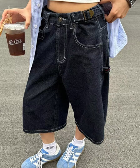 아메리칸 ootd 레트로 데님 바지 여성 여름 새로운 하이웨이스트 작은 키 스트레이트 와이드 레그 팬츠 7 점 바지