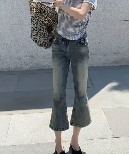 한 부서 워싱 마 오래된 데님 반바지 여성 여름 레트로 부츠컷 바지 몸매 가꾸기 슬림해 보이는 다용도 스트레이트 7부 바지