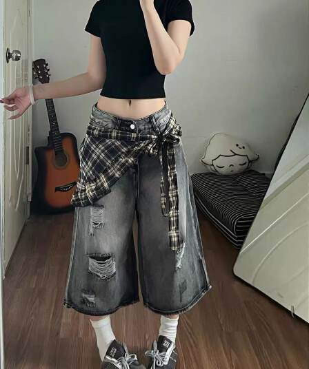 아메리칸 레트로 마 오래된 찢어진 부분 7 점 청바지 2026 여름 새로운 패션 체크무늬 방귀 커튼 스트레이트 와이드 레그 팬츠