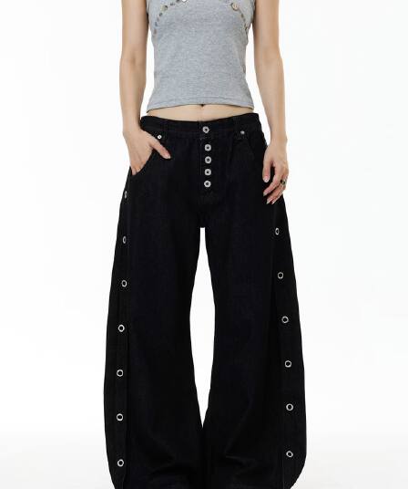 아메리칸 ootd 해체 단추 구멍 모통이 칼 바지 청바지 남녀 봄 여름 도루 센스 캐주얼 루즈핏 넓은 다리 바닥 청소 바지 트렌디