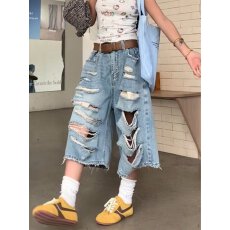 批发美式生诚破洞水洗牛仔七分裤男女高街宽松休闲短裤百搭直筒阔腿裤