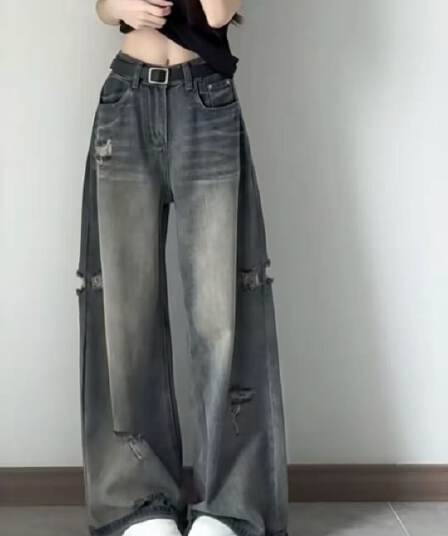 아메리칸 레트로 핫걸 찢어진 부분 넓은 다리 청바지 여성 마 오래된 하이웨이스트 루즈핏 슬림해 보이는 스트레이트 바닥 청소 바지