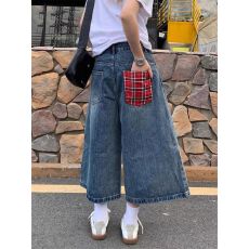 批发设计感复古<b class='q'>格子</b>拼接牛仔<b class='q'>裤</b>女夏季2026新款宽松阔腿七分短<b class='q'>裤</b>子