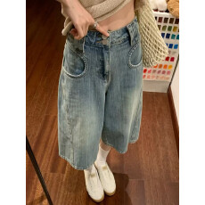 批发美式复古竹节纹水洗做旧牛仔七分裤<b class='q'>男</b>女街头宽松<b class='q'>休闲</b>小众设计短裤