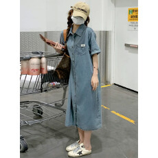 批发夏季<b class='q'>短袖</b>休闲宽松牛仔<b class='q'>连衣裙</b>女夏小个子2026新款港风复古衬衫裙子