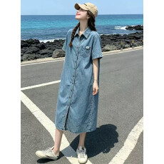 批发法式复古牛仔衬衫<b class='q'>连衣裙</b>女夏季2026新款小个子减龄显瘦休闲长裙子