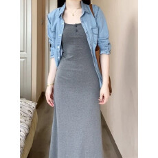 批发法式牛仔衬衫一整套装灰色连衣裙子女<b class='q'>夏</b>2026新款早春季巨好看穿搭
