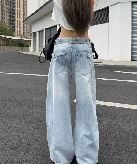 아메리칸 워싱 넓은 다리 청바지 여성 여름 새로운 플립 커버 주머니 느슨함 센스 모통이 칼 와이드 레그 팬츠