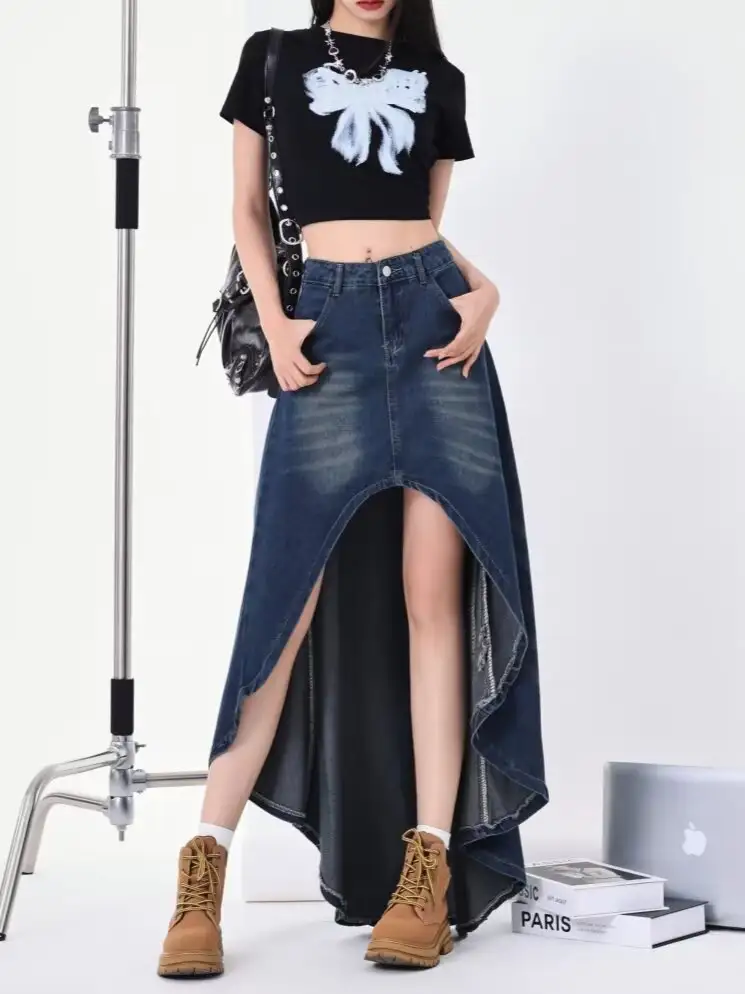 레트로 언밸런스 러플 데님 스커트