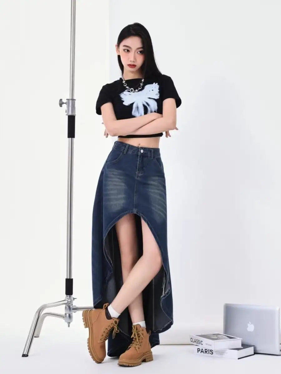 레트로 언밸런스 러플 데님 스커트 상세 이미지 4