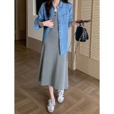 批发实拍实价~牛仔<b class='q'>衬衫</b>一整套装灰色连衣裙子女夏2026新款巨好看穿搭