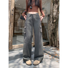 批发实拍实价~小海鸥工装牛仔裤女春夏美式可调节裤腰拉链<b class='q'>休闲</b>长裤子