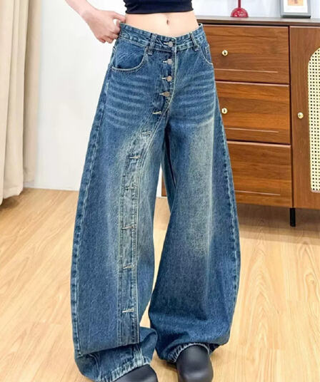 아메리칸 음악 완방 핫걸 루즈핏 느긋한 느슨함 센스 청바지 여성 디자인 센스 워싱 기타 단추 바닥 청소 긴 바지