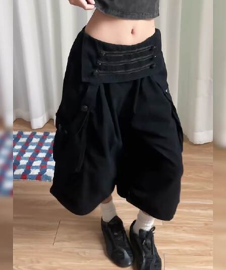 아메리칸 핫걸 검정색 캐주얼 넓은 다리 7부 바지 여성 여름 얇은 스타일 디자인 센스 루즈핏 워크웨어 데님 짧은 바지