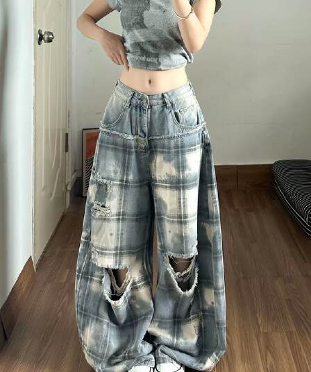 아메리칸 레트로 체크무늬 패치워크 찢어진 부분 청바지 여성 가을 핫걸 개성 루즈핏 슬림해 보이는 모통이 칼 바닥 청소 바지