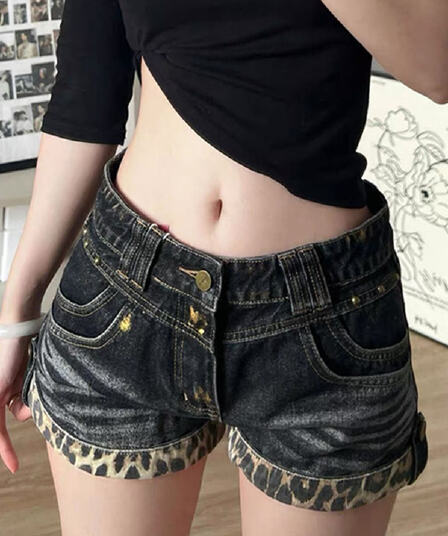 아메리칸 레트로 마 오래된 레오파드 무늬 뒤집다 측면 징 데님 반바지 여성 가을 새로운 디자인 주머니 스트레이트 뜨거운 바지