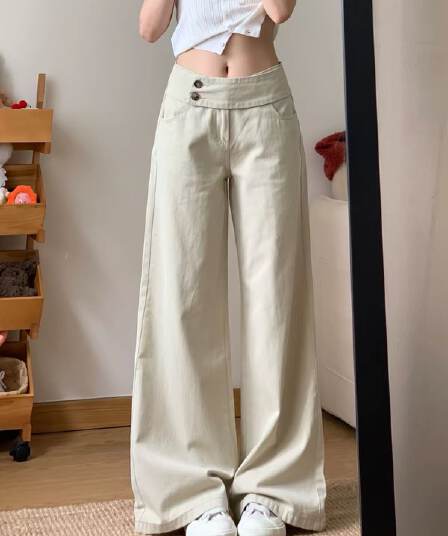 느긋한 바람 더블 버클 허리 머리 넓은 다리 청바지 여성 가을 새로운 루즈핏 다용도 스트레이트 캐주얼 바지
