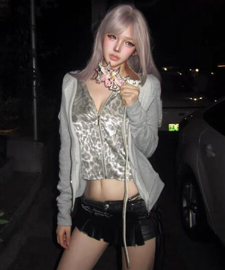 아메리칸 켜기 기호 페이크 레이어드 이중층 은 제직 레오파드 무늬 몸매 가꾸기 긴팔 후드 티 스웨터 여성 짧은 재킷 봄 가을