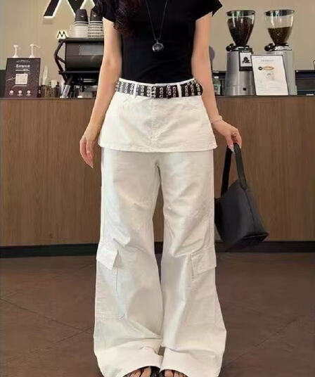 페이크 레이어드 소란스런 소리를 내며 움직이다 바보 회의 레트로 워크웨어 청바지 여성 여름 새로운 하이웨이스트 디자인 센스 표지 넓적 다리 빅 포켓 와이드 레그 팬츠