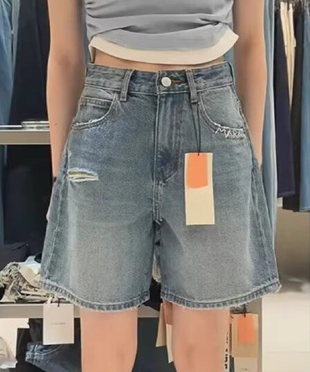 데님 반바지 건강 정직한 새로운 여성 여름 얇은 스타일 5 점 와이드 레그 팬츠 파란색 하이웨이스트 찢어진 부분 없음 폭탄 한 마디 바지