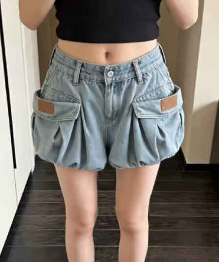 한 부서 레트로 파란색 꽃밭 데님 반바지 바지 여자 2026 가을 새로운 슬림해 보이는 주머니 워크웨어 핫 바지