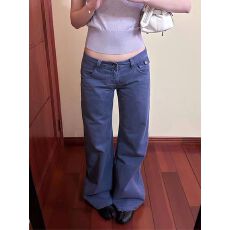 批发美式复古水洗法工蓝牛仔裤子女秋季新款辣妹小众百搭直筒拖地长裤