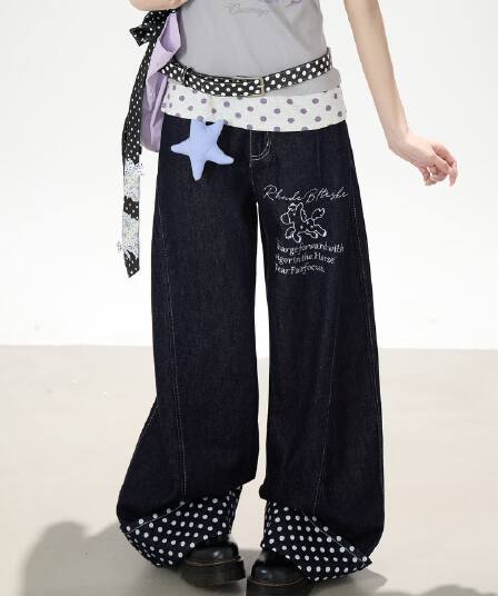 아메리칸 ootd 디자인 센스 도트 무늬 전체 인쇄 작은 말 자수 스트레이트 청바지 남녀 캐주얼 볼륨 측면 패치워크 긴 바지