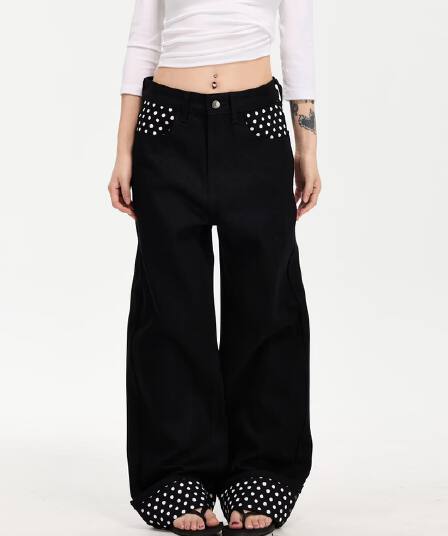 유럽과 미국 ootd 거리 잘 생긴 다크 바람 도트 무늬 패치워크 캐주얼 청바지 여성 루즈핏 슬림해 보이는 스트레이트 와이드 레그 팬츠