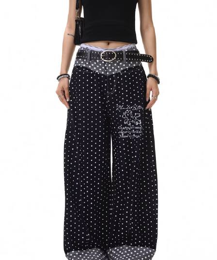 아메리칸 ootd 디자인 센스 도트 무늬 전체 인쇄 자수 넓은 다리 청바지 남녀 미니멀리즘 다용도 캐주얼 ins 긴 바지