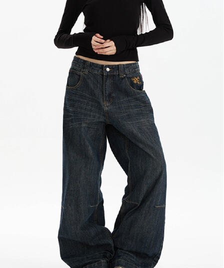 레트로 ootd 싸움 가죽 자수 패치워크 워싱 고양이 반드시 마 오래된 디자인 센스 스트레이트 와이드 레그 팬츠 루즈핏 느긋한 캐주얼