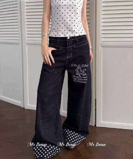 아메리칸 ootd 디자인 센스 도트 무늬 전체 인쇄 작은 말 자수 스트레이트 청바지 남녀 미니멀리즘 다용도 캐주얼 긴 바지