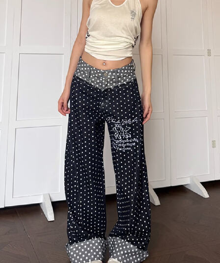 아메리칸 ootd 디자인 센스 도트 무늬 전체 인쇄 자수 넓은 다리 청바지 남녀 미니멀리즘 다용도 캐주얼 ins 긴 바지
