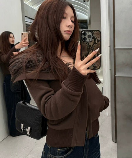 한 부서 레트로 품격 후드티 여성 코트 가을 겨울 작은 키 몸매 가꾸기 털이 있는 보온 폴로 칼라 캐주얼 재킷 맨위
