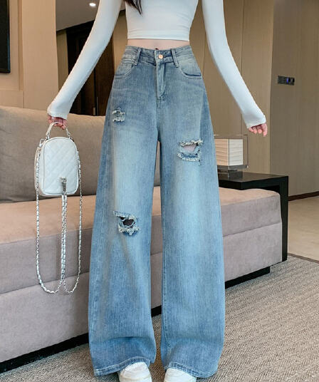 실사 정가 아메리칸 레트로 찢어진 부분 청바지 여성 2026 가을 스트레이트 루즈핏 슬림해 보이는 와이드 레그 팬츠 긴 바지