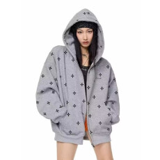 批发美式复古印花连帽<b class='q'>卫衣</b>女秋冬新款潮牌宽松拉链满印开衫情侣外套