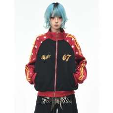 批发美式黑衣星星印花撞色立领<b class='q'>卫衣</b>女春秋小众设计感宽松显瘦开衫外套