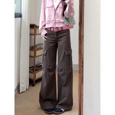 美式复古多口袋棕色工装牛仔裤女高腰宽松显瘦阔腿休闲长裤