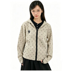 批发韩系上上<b class='q'>甜美</b>波点连帽开衫卫衣女春秋宽松撞黑边刺绣拉链休闲外套