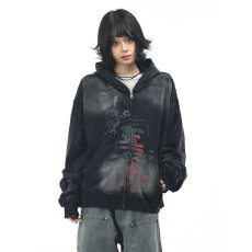 批发美式气质水洗做旧涂鸦连帽<b class='q'>卫衣</b>男女春秋季设计感休闲百搭宽松外套